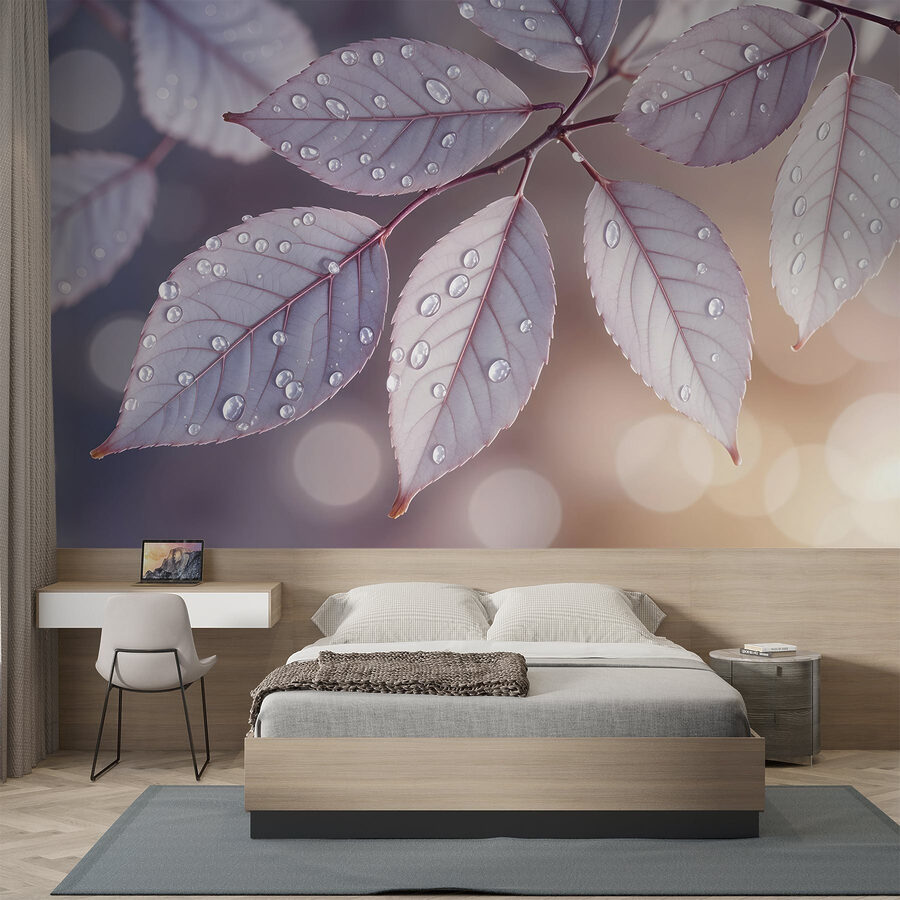 Feuilles délicates avec gouttes de rosée au repos
