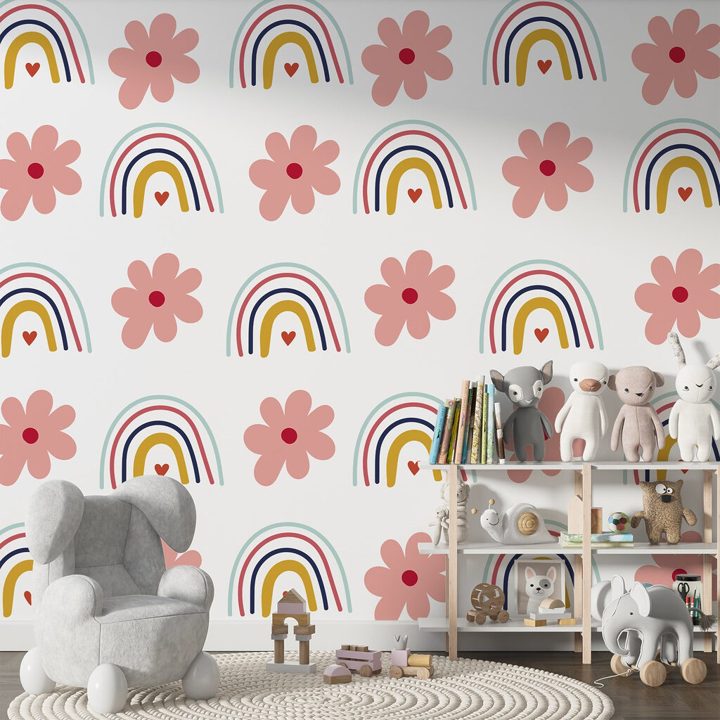 Pattern of flowers and rainbows