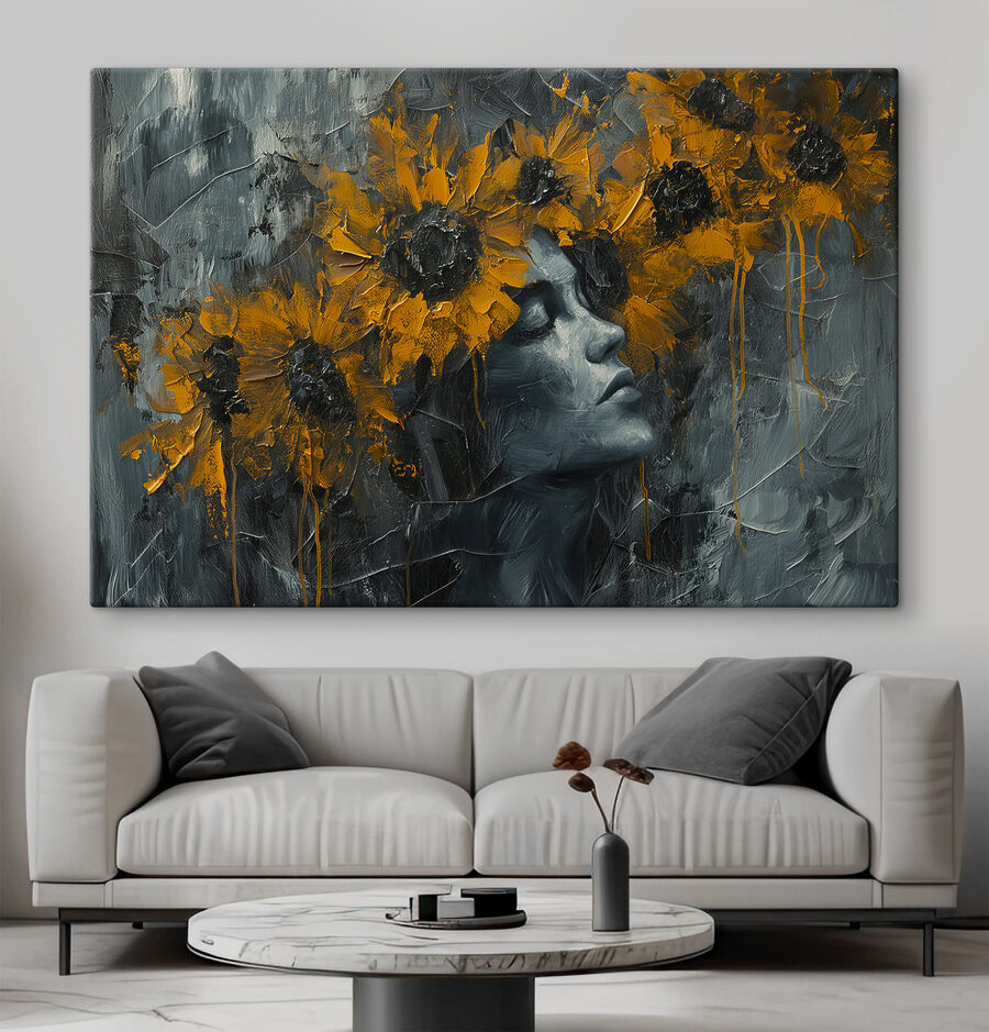Peinture d'une femme avec des fleurs jaunes
