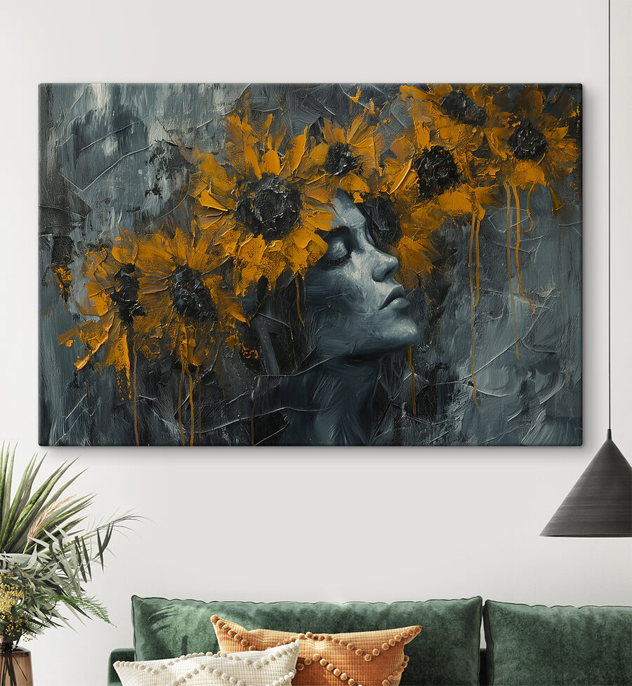 Peinture d'une femme avec des fleurs jaunes