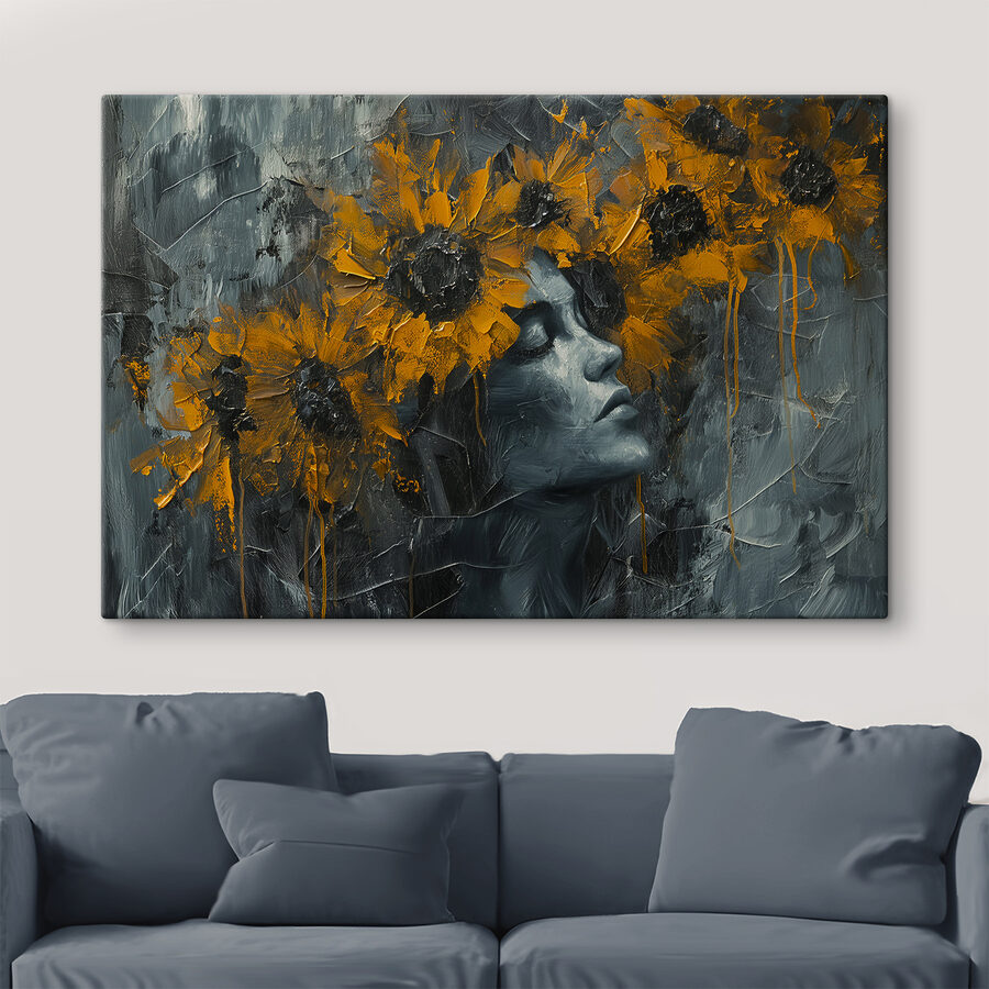 Peinture d'une femme avec des fleurs jaunes