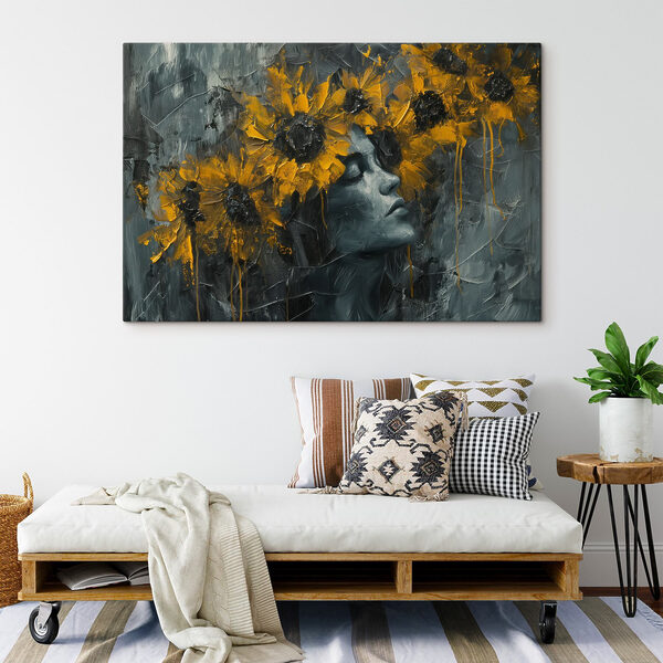Peinture d'une femme avec des fleurs jaunes Peinture d'une femme avec des fleurs jaunes