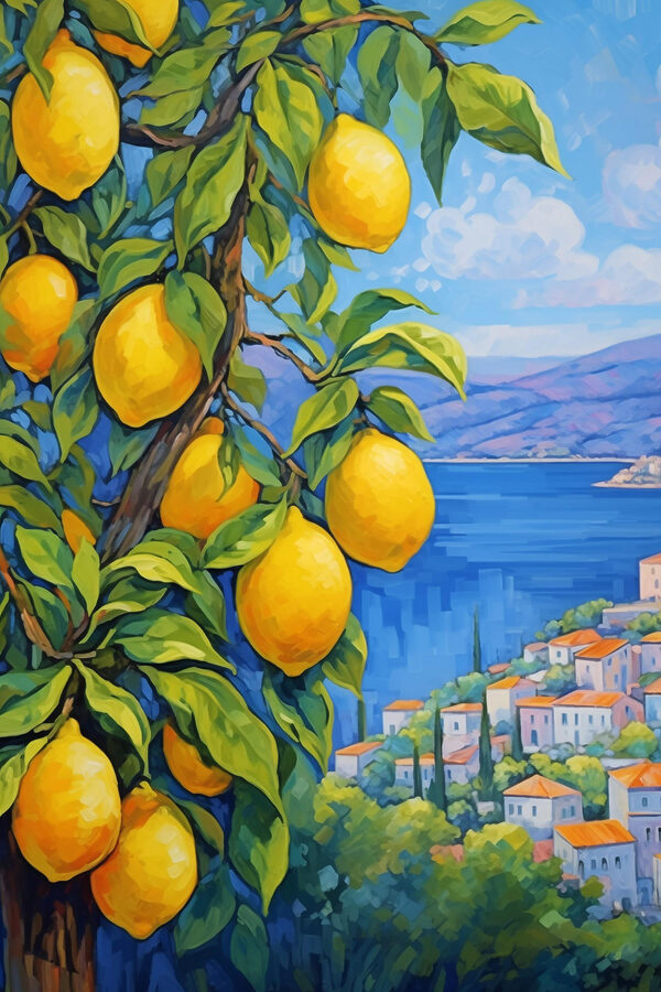 Peinture d'un citronnier avec une ville en arrière-plan Peinture d'un citronnier avec une ville en arrière-plan