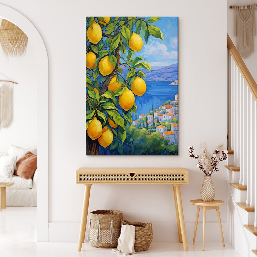 Peinture d'un citronnier avec une ville en arrière-plan