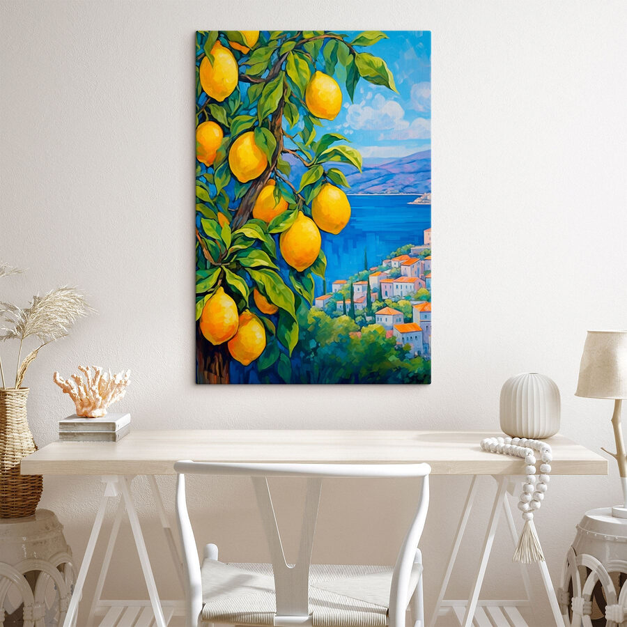 Peinture d'un citronnier avec une ville en arrière-plan