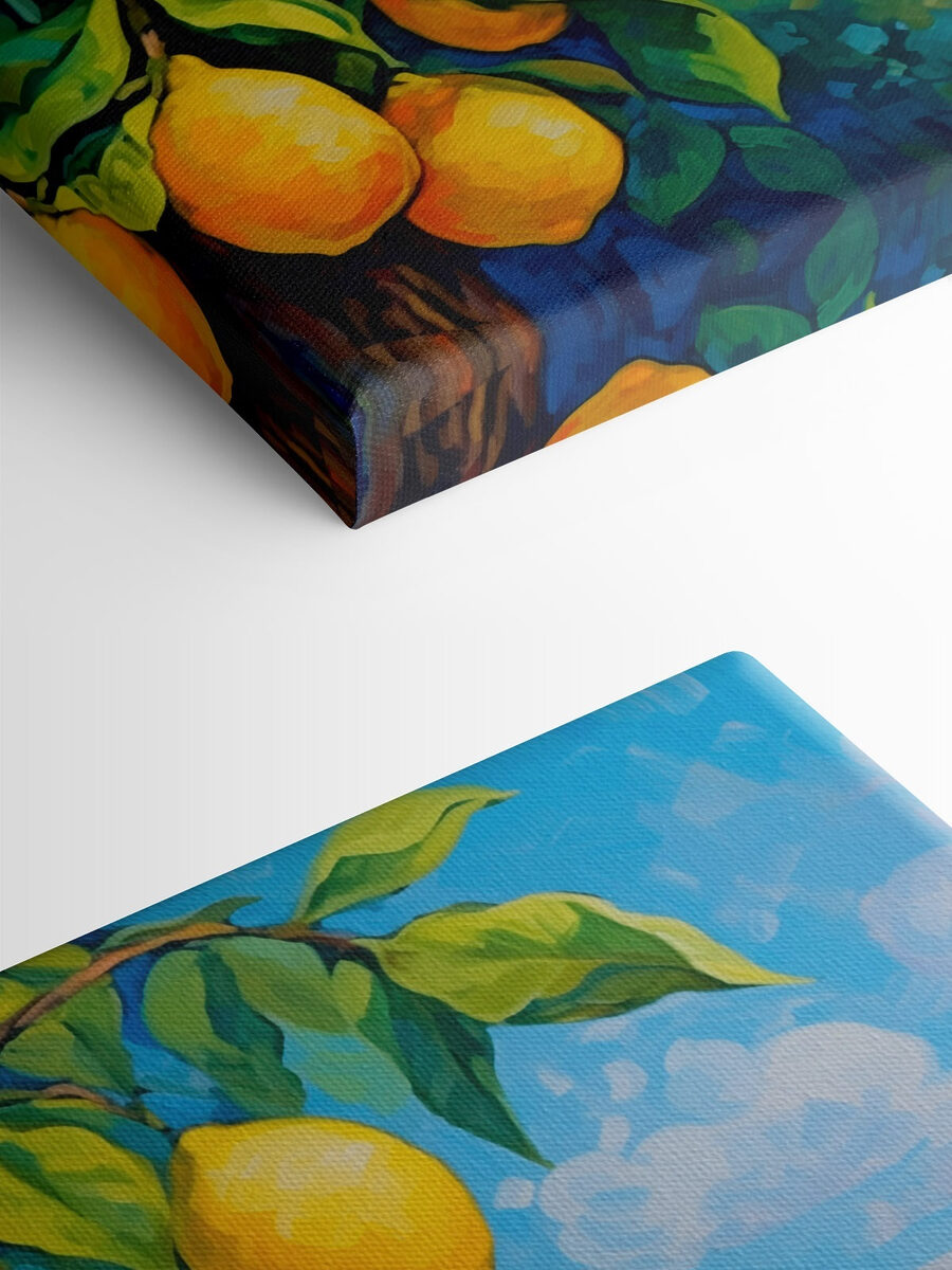 Peinture d'un citronnier avec une ville en arrière-plan