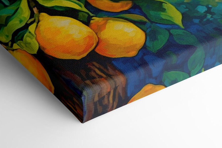 Peinture d'un citronnier avec une ville en arrière-plan