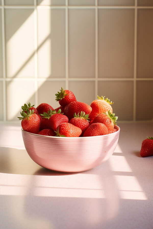 Bol de fraises sur un comptoir Bol de fraises sur un comptoir