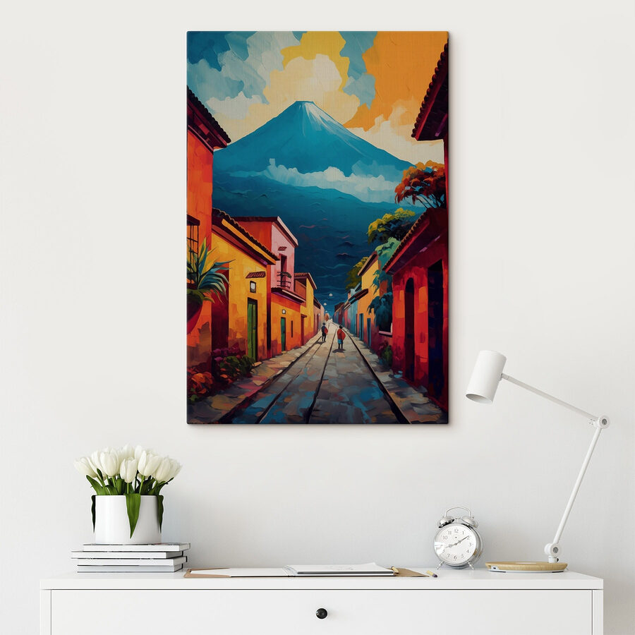Peinture d'une rue avec des bâtiments et une montagne en arrière-plan