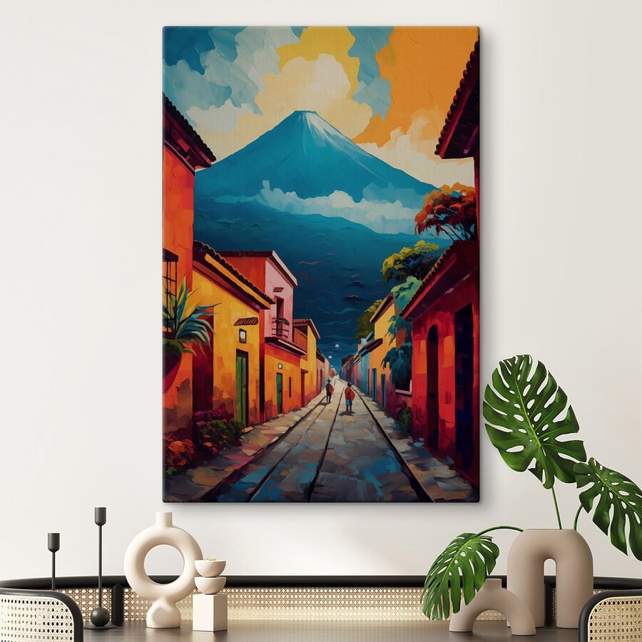 Peinture d'une rue avec des bâtiments et une montagne en arrière-plan