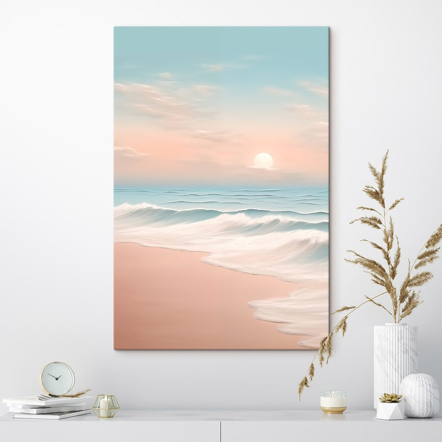 Tableaux Plage avec des vagues et un coucher de soleil