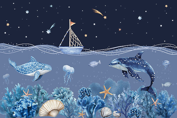 Vie marine avec un bateau et une baleine Vie marine avec un bateau et une baleine