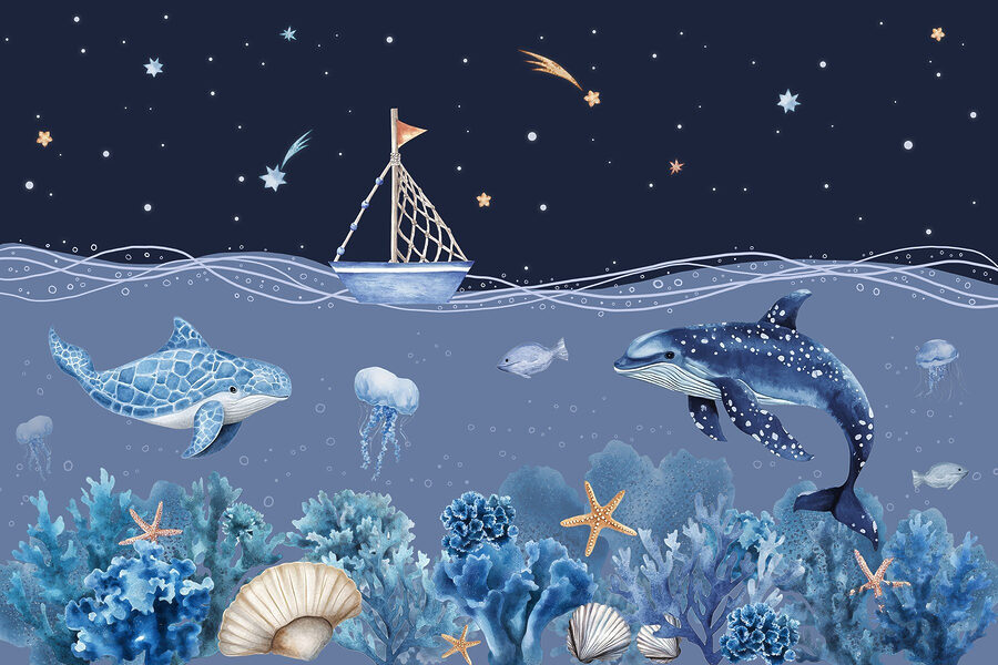 Vie marine avec un bateau et une baleine Vie marine avec un bateau et une baleine