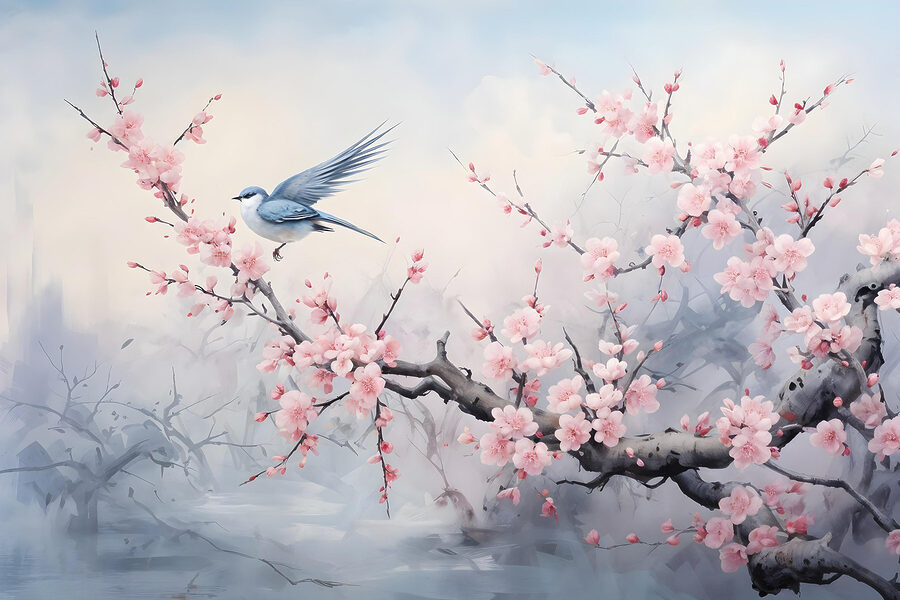 Oiseau sur une branche avec des fleurs roses