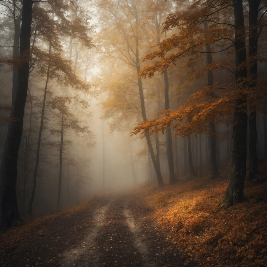 Forêt brumeuse avec arbres et feuilles