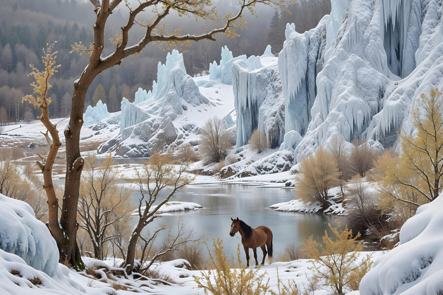 Cheval debout dans la neige près d'un plan d'eau