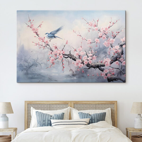 Oiseau sur une branche avec des fleurs roses Oiseau sur une branche avec des fleurs roses