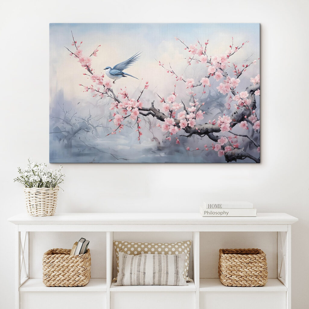 Bird on a branch with pink flowers