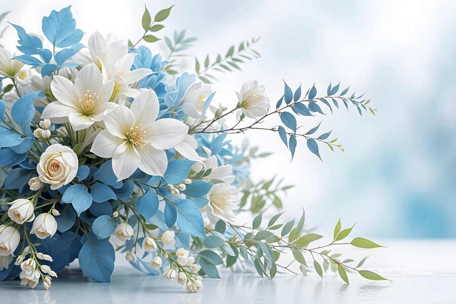 Bouquet de fleurs blanches et bleues