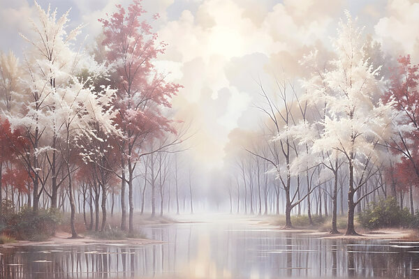 Plan d'eau avec des arbres et un ciel nuageux Plan d'eau avec des arbres et un ciel nuageux