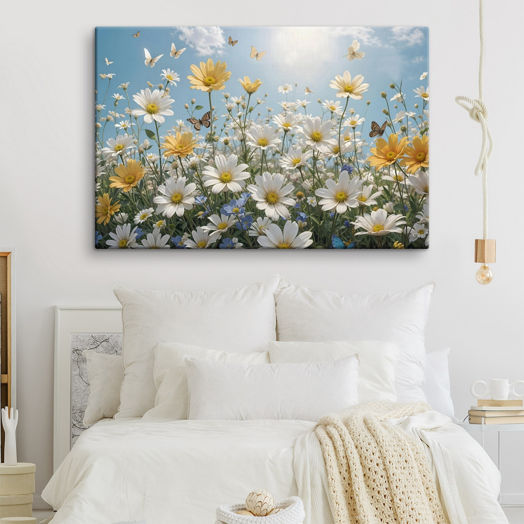 Group of butterflies flying over a field of flowers