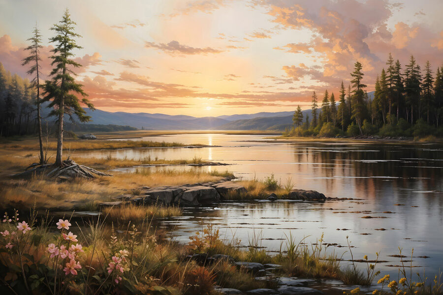 Paysage d'un lac avec un coucher de soleil