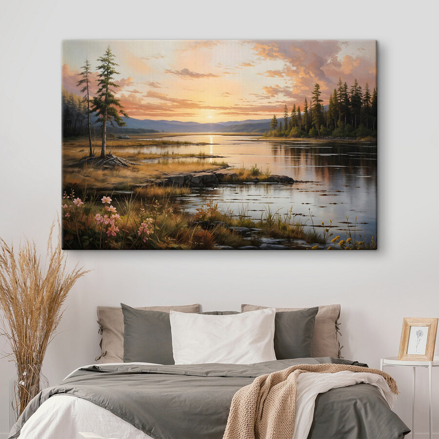 Paysage d'un lac avec un coucher de soleil