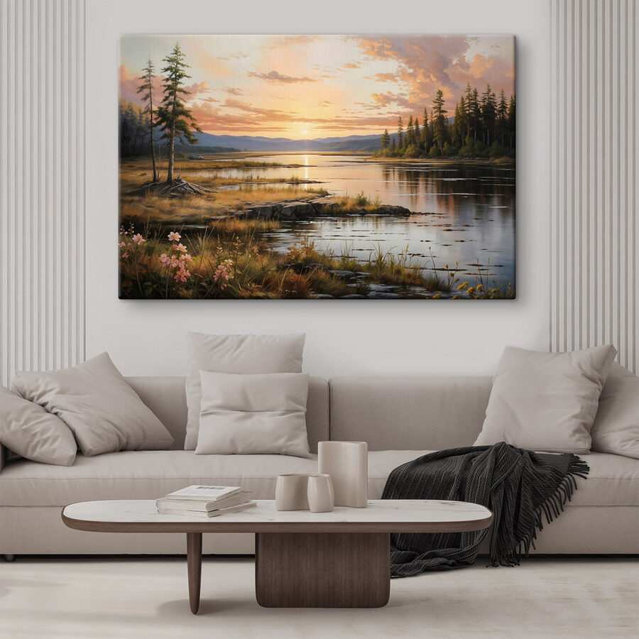 Paysage d'un lac avec un coucher de soleil