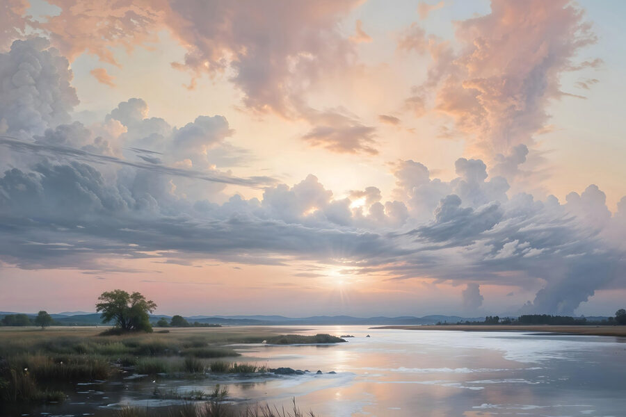 Plan d'eau avec un arbre et des nuages dans le ciel