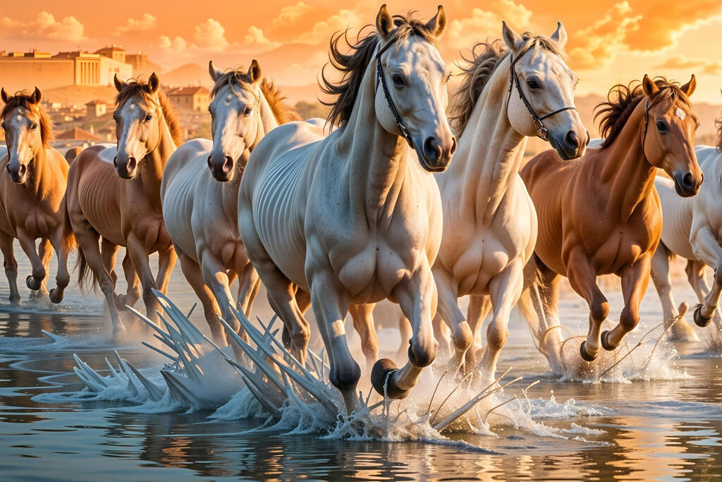 Group of horses running through water