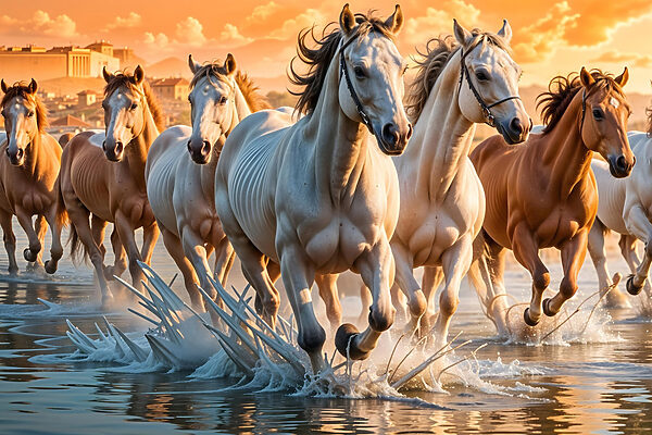Groupe de chevaux courant dans l'eau Groupe de chevaux courant dans l'eau