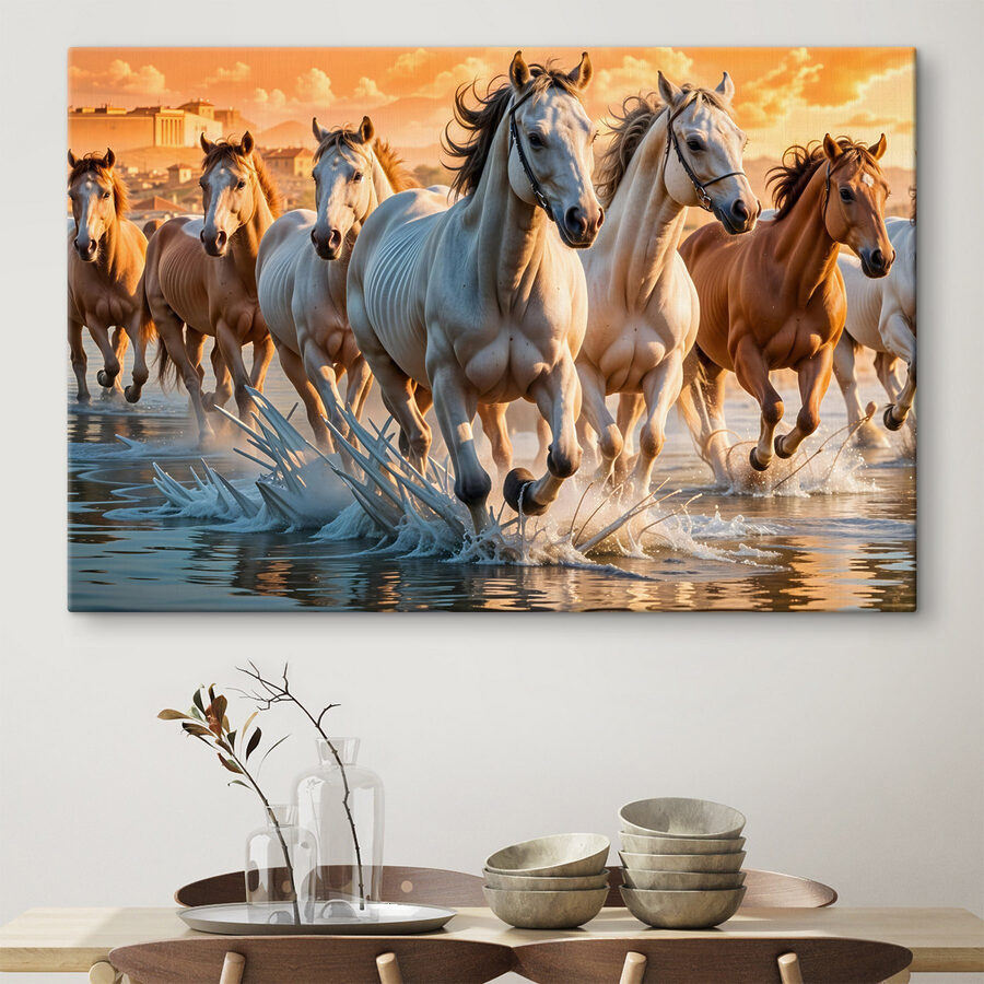 Groupe de chevaux courant dans l'eau