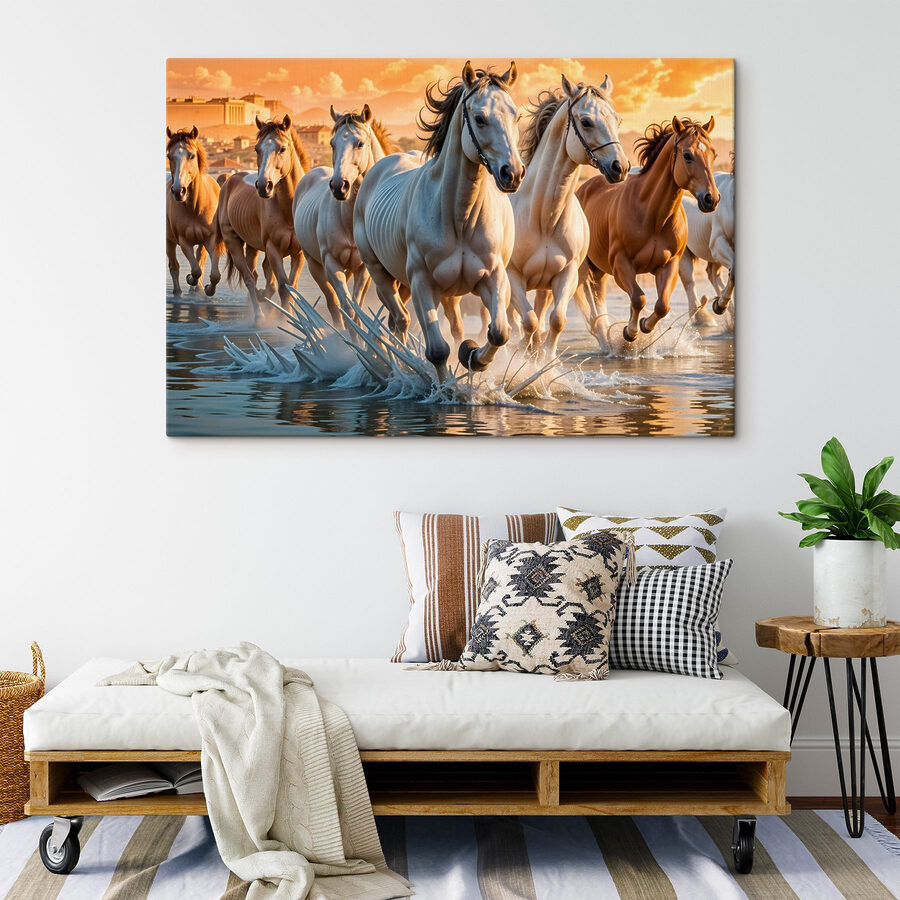Groupe de chevaux courant dans l'eau