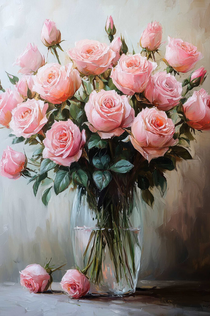Painting of pink roses in a vase Painting of pink roses in a vase