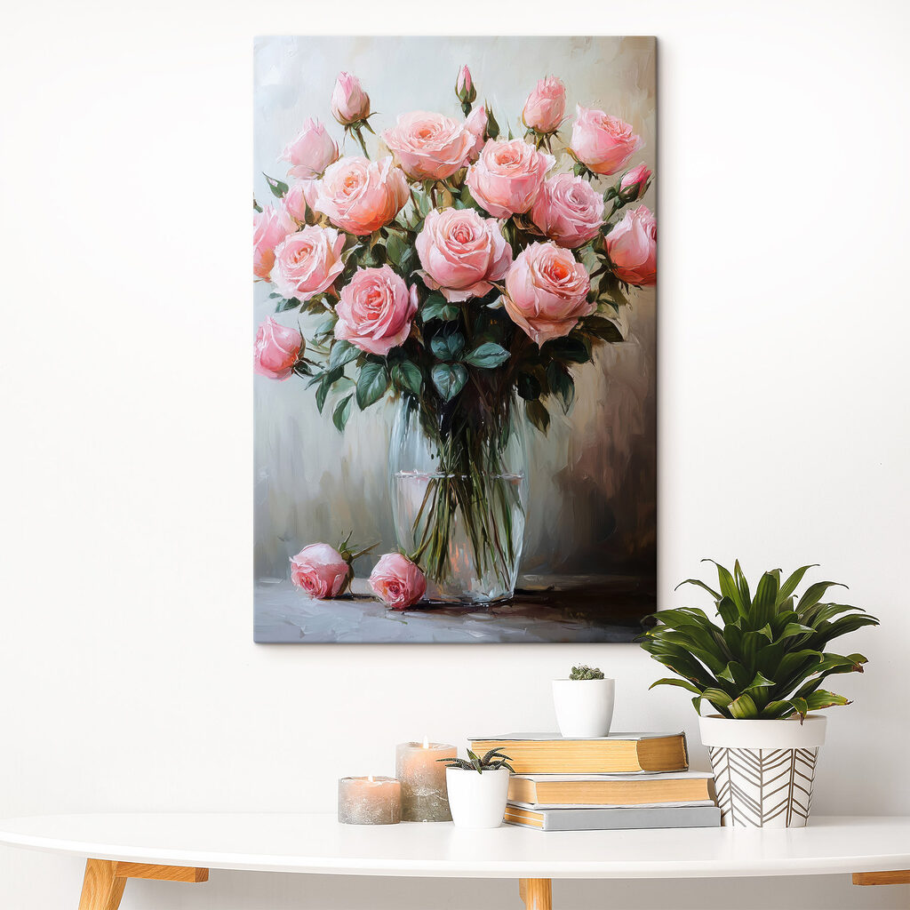 Painting of pink roses in a vase Painting of pink roses in a vase