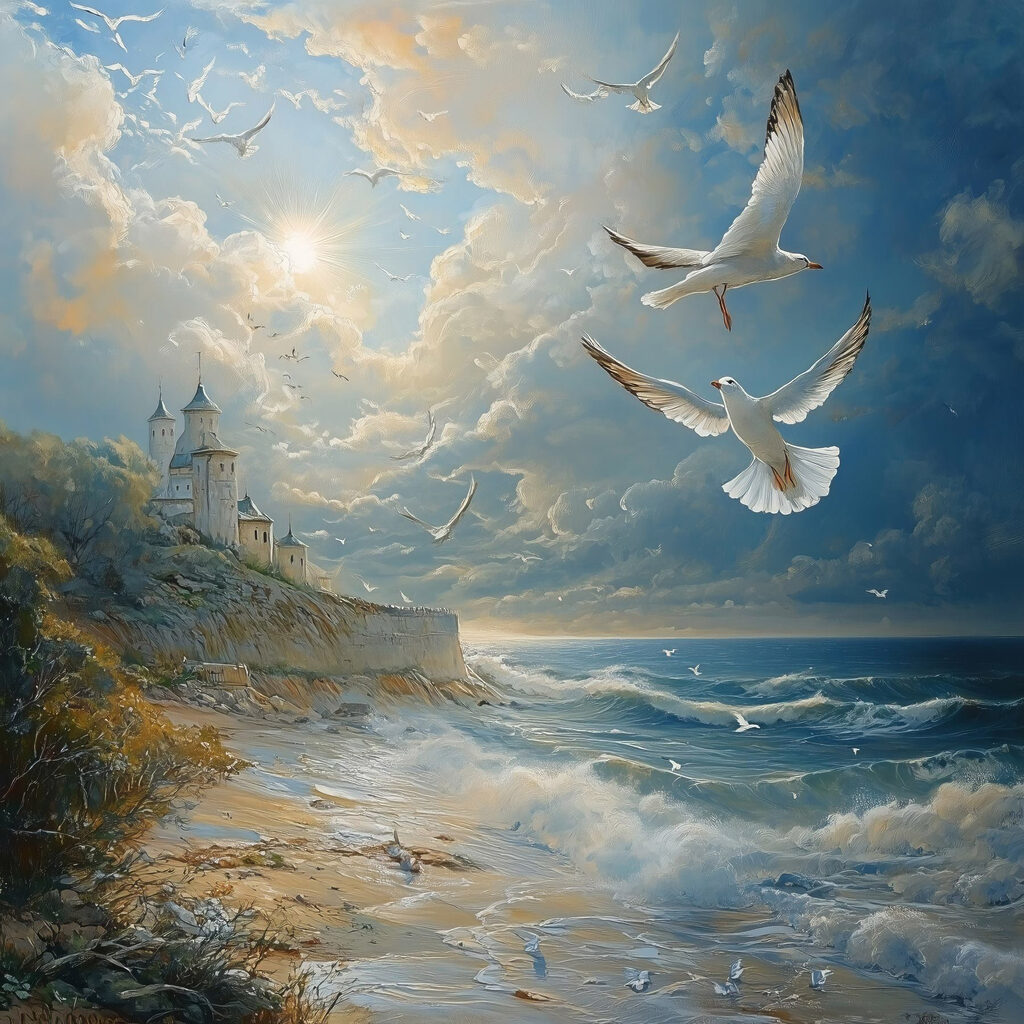 Painting of birds flying over a beach