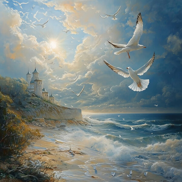 Peinture d'oiseaux volant au-dessus d'une plage Peinture d'oiseaux volant au-dessus d'une plage