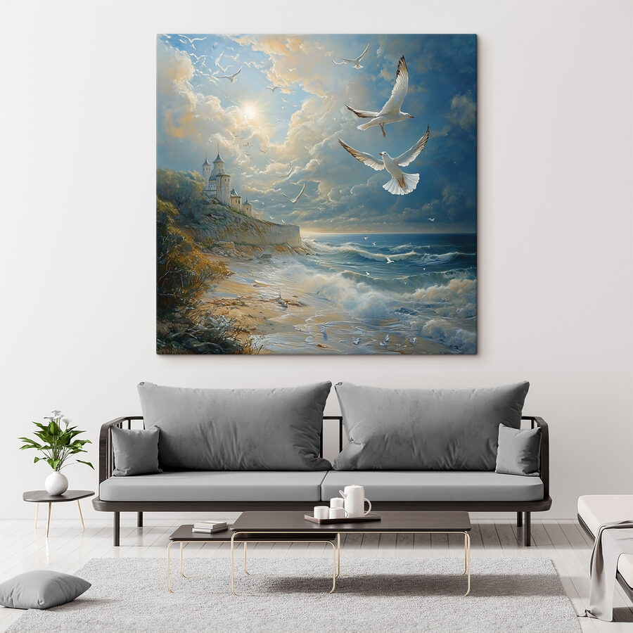 Tableaux Peinture d'oiseaux volant au-dessus d'une plage