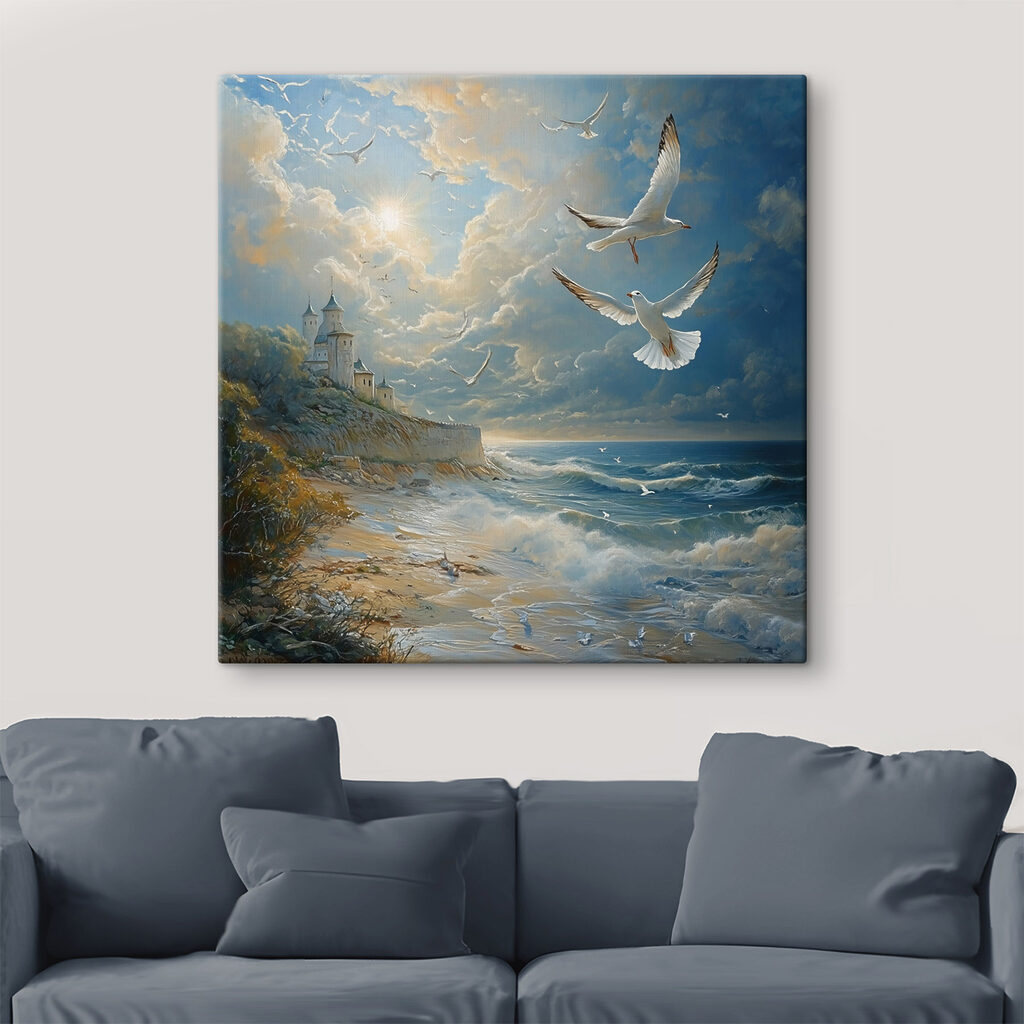 Painting of birds flying over a beach