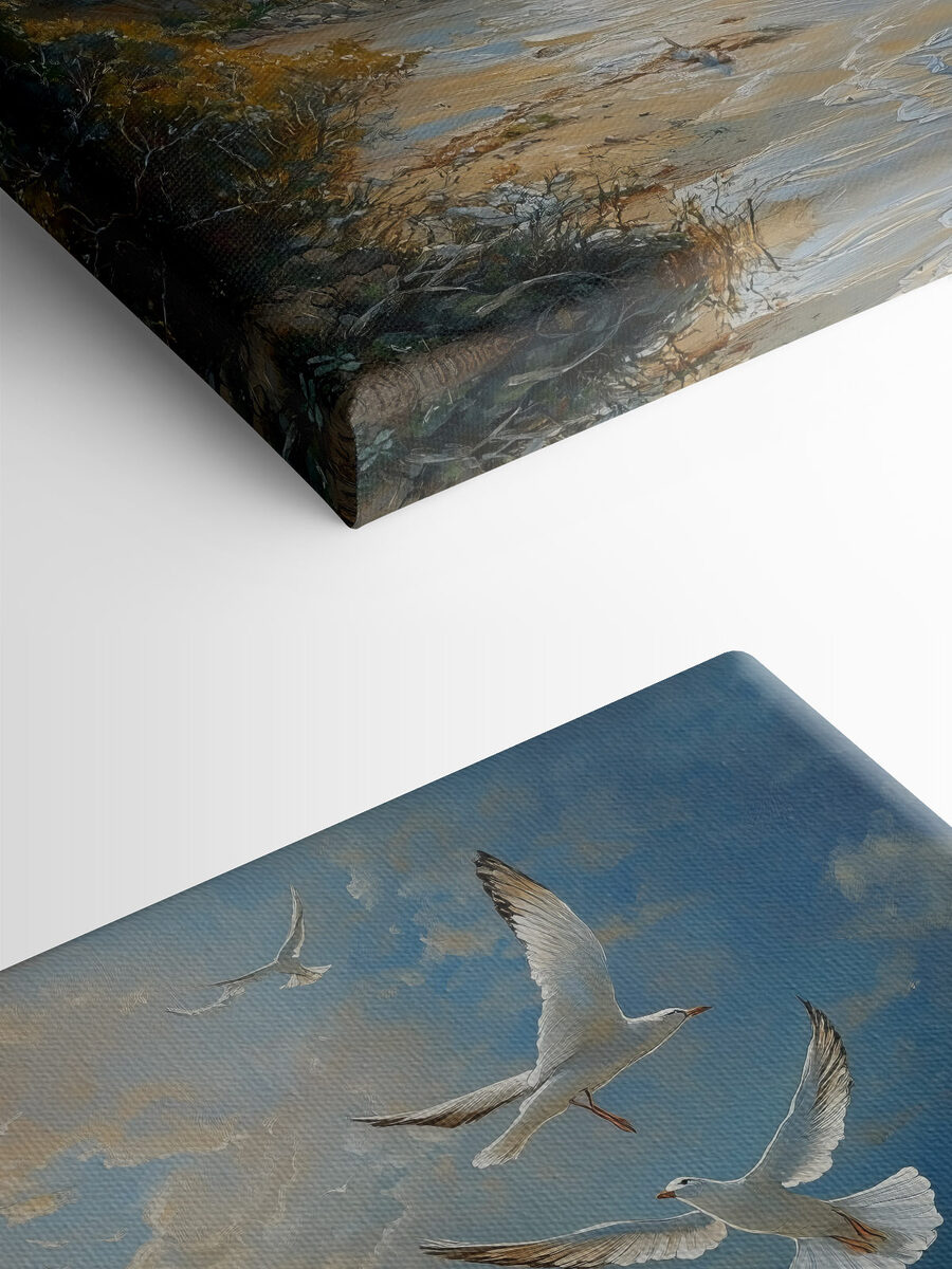 Tableaux Peinture d'oiseaux volant au-dessus d'une plage – Image 4