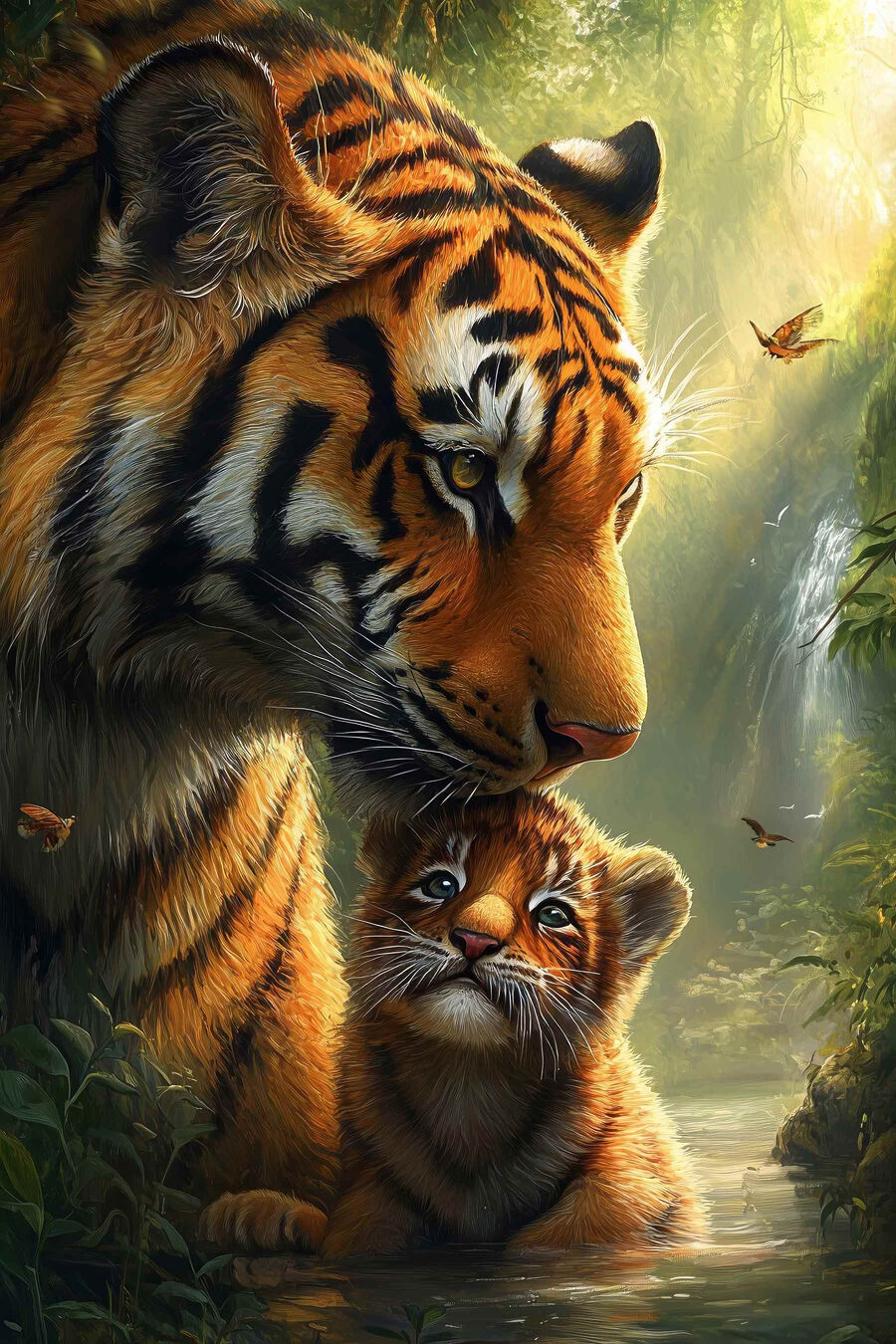 Tigre et lionceau dans la jungle