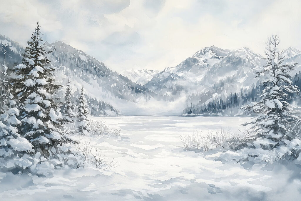 Paysage enneigé avec arbres et montagnes Paysage enneigé avec arbres et montagnes
