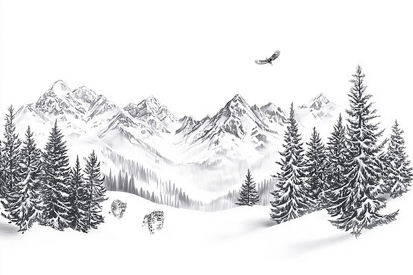 Paysage de montagne enneigée avec des arbres et un oiseau en vol Paysage de montagne enneigée avec des arbres et un oiseau en vol