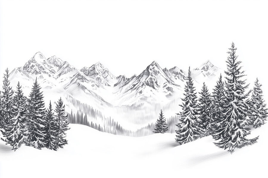 Dessin d'une chaîne de montagnes enneigées