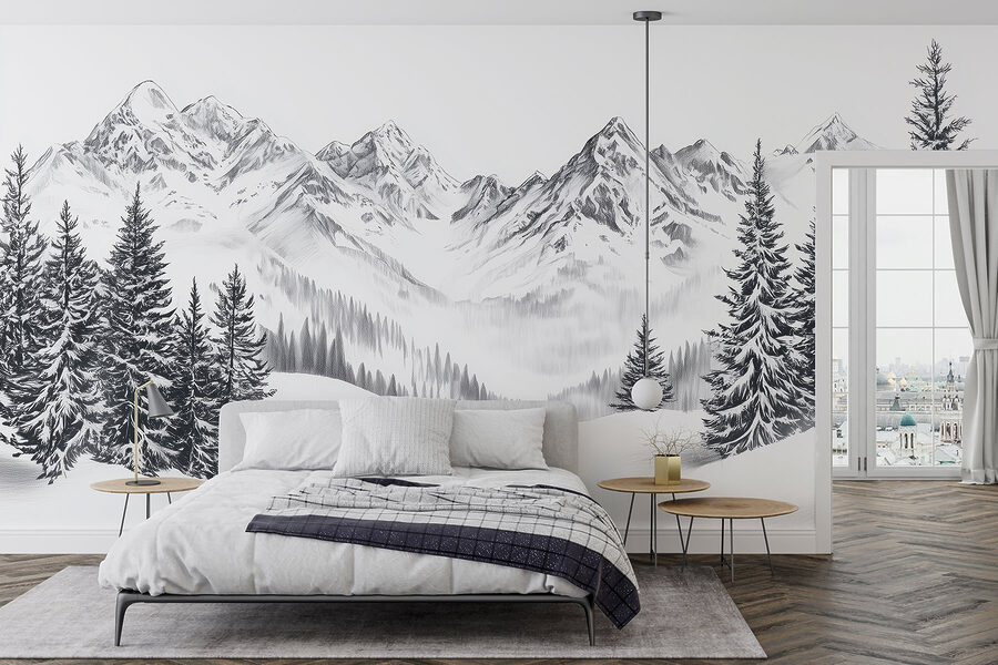 Dessin d'une chaîne de montagnes enneigées