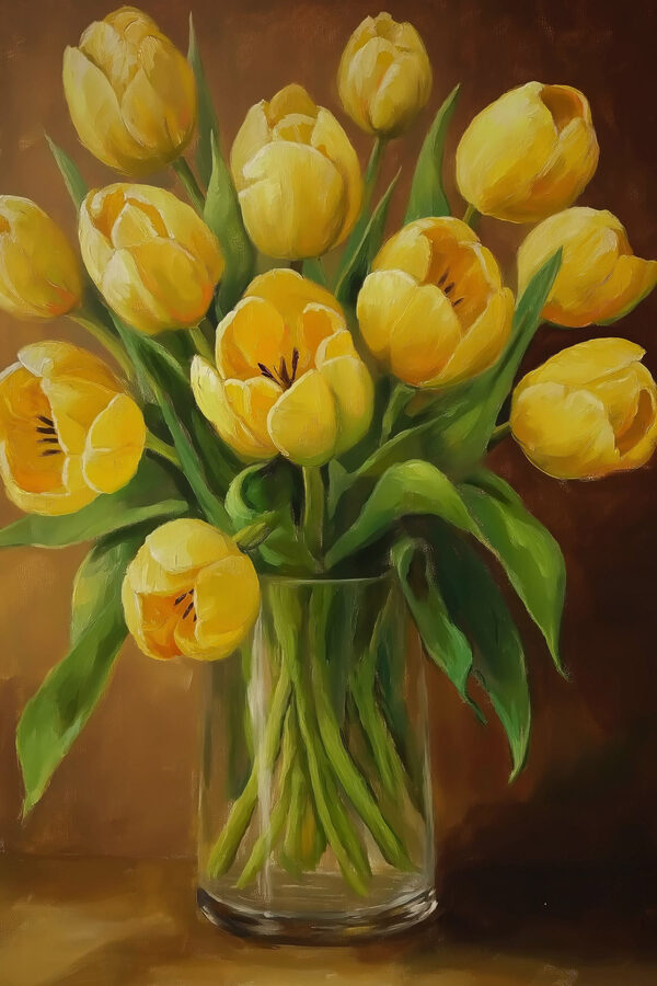 Peinture de tulipes jaunes dans un vase en verre Peinture de tulipes jaunes dans un vase en verre