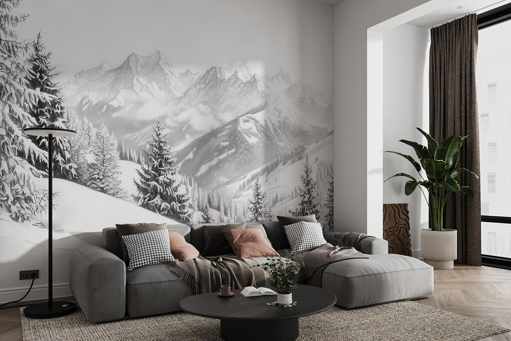 Snowy mountain with trees and mountains in the background Snowy mountain with trees and mountains in the background