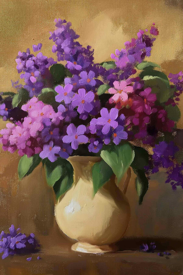 Peinture de fleurs violettes dans un vase Peinture de fleurs violettes dans un vase