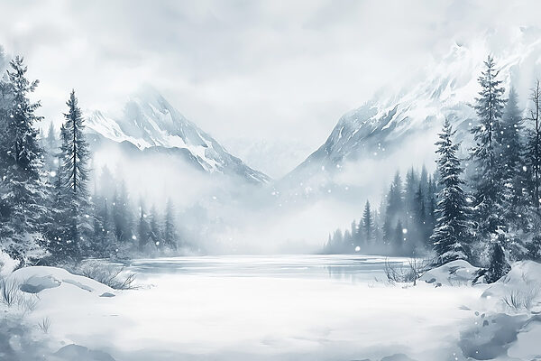 Paysage enneigé avec lac et montagnes Paysage enneigé avec lac et montagnes