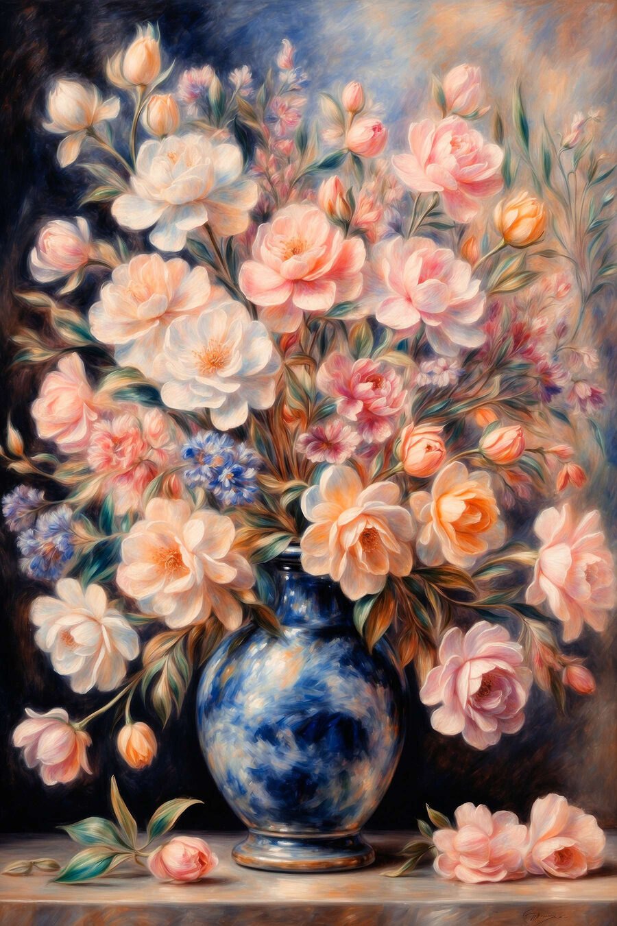 Peinture de fleurs dans un vase bleu